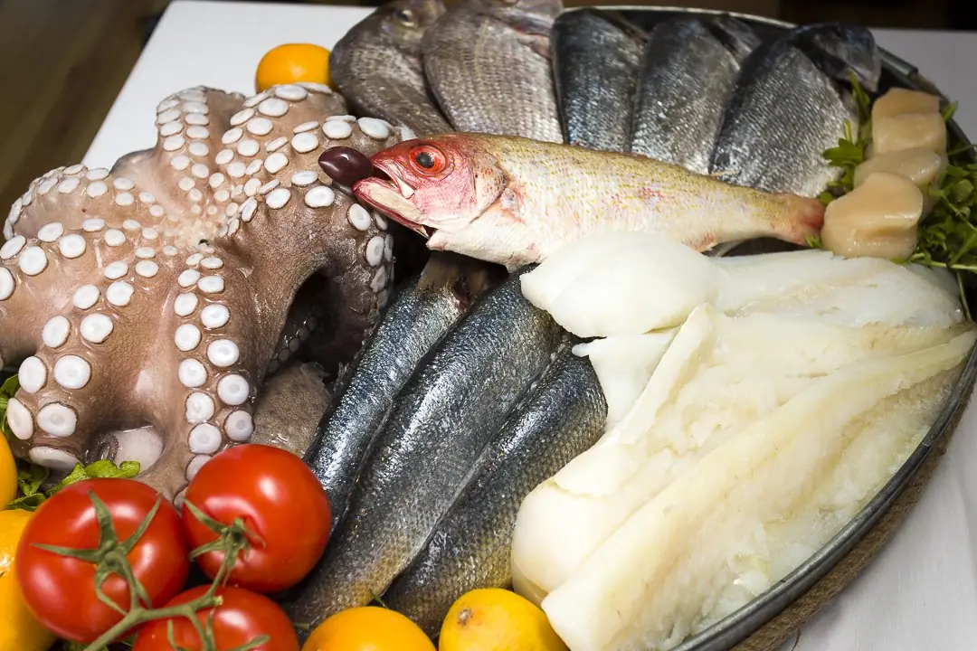 Étal de poissons frais et fruits de mer présentés sur glace
